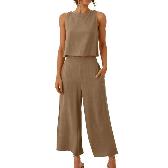 JWZUY Women's Summer 2 Piece Outfits Sleeveless Crop Button Back Tank Top Cotton Linen Cropped Pants with Pockets Set Brown S