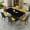 71 Inch Black Table+6 Orange&Gray, variant on JUFU 71" Black Faux Marble Dining Table Set for 6, Modern Dining Room Table with PU Leather Chairs and Golden Legs, Elegant Dining Set for Kitchen & Living Room