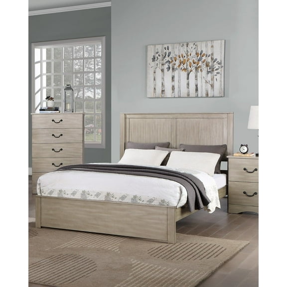 California King Size Bed 2-Panel Design Headboard Chic Simple Light Tan Finish Wooden Bedroom Furnuiture 1pc Bedframe