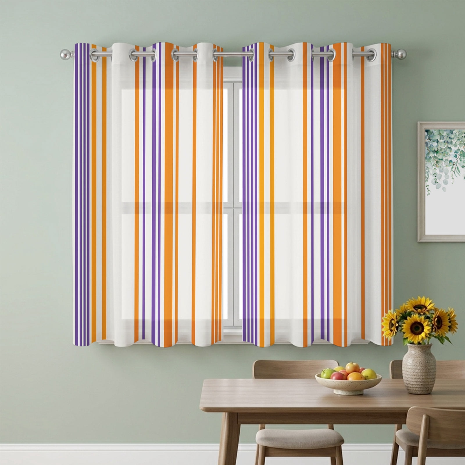 Basics Patterned Sheer Curtains 39 Inch Long 2 Panels, Watercolor Rectangle Colorful Stripes Light Filtering Semi Sheer Drapes Grommet Voile Window Curtain for Living Bedroom W27.9 x L39