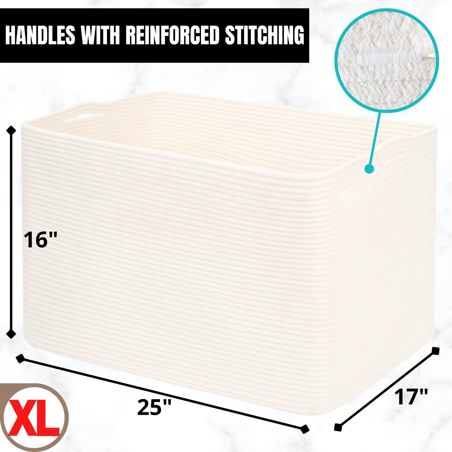 Creamy White Cotton Rope Rectangle Storage Basket 112L Extra Large For Laundry, Towels, Blankets