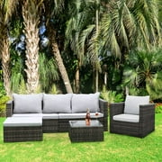 Bigzzia Outdoor Furniture Patio Sofa Sets, All-Weather PE Wicker Patio Conversation Set w/Ottoman Armchair Small Rattan Sectional Sofa (5 Seater)