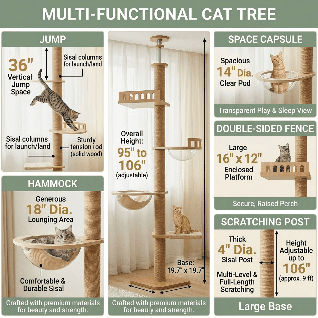 Mekidulu 9ft Floor to Ceiling Wood Cat Tree, 95"-108" Adjustable Height Tower with 4.3" Thick Posts, Brown