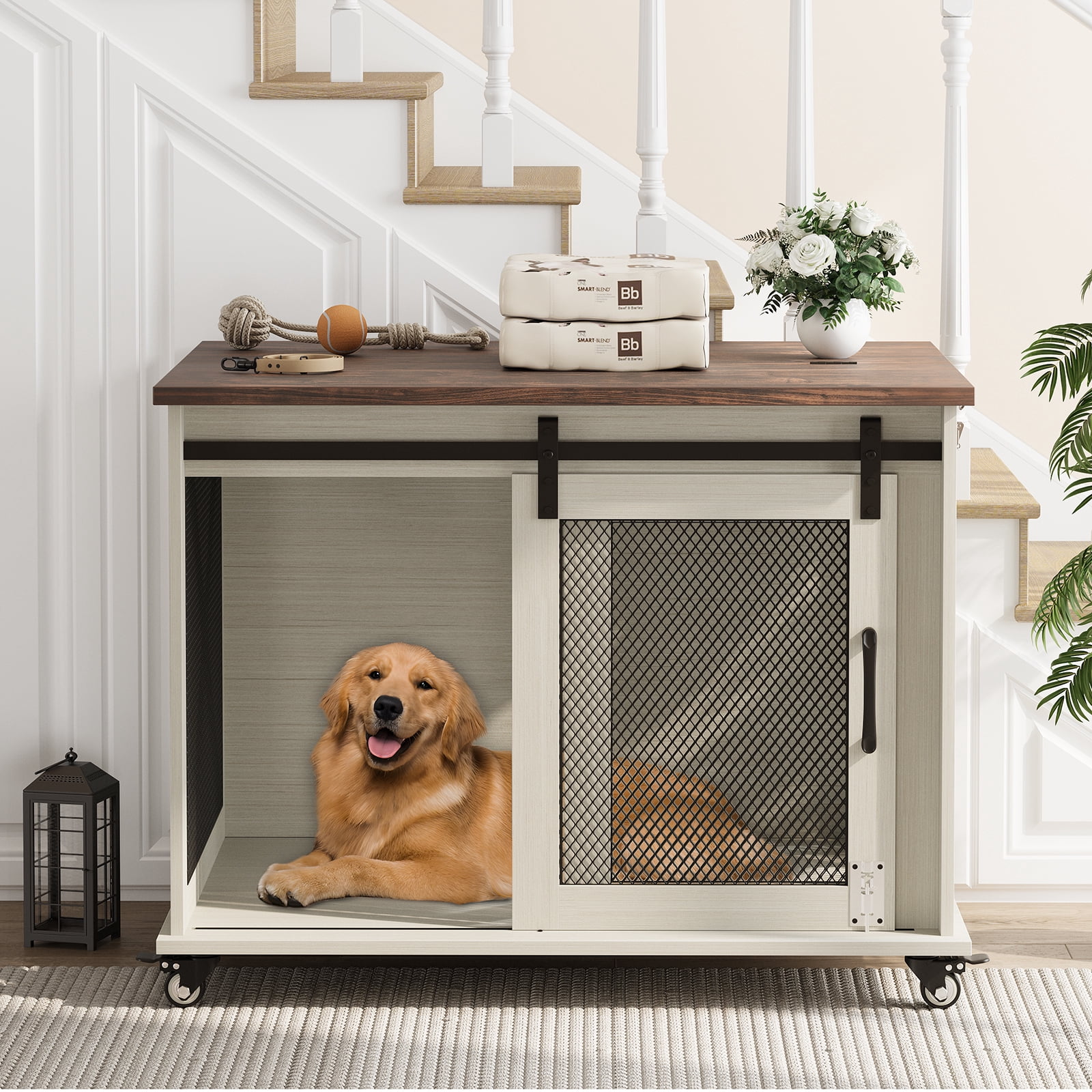 37" Stress-Free Dog Crate with Dual Access | Sliding Barn Door & Flip Top Design Creates a Cozy Den for Your Pet