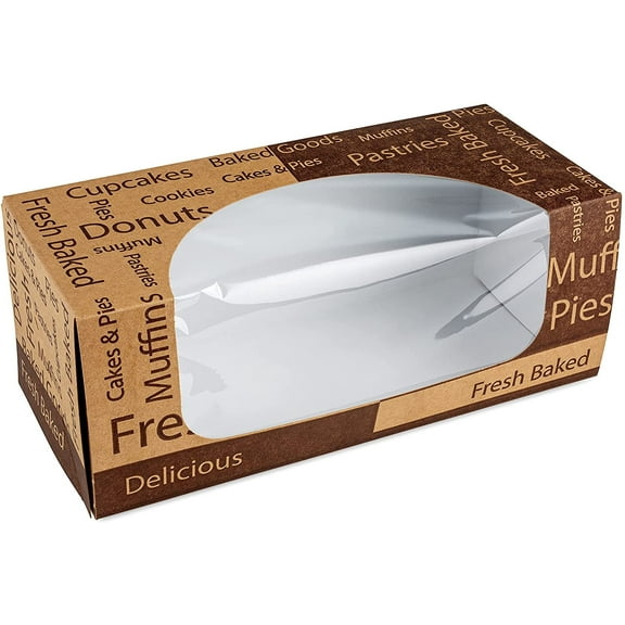 MT Products Brown Print Bakery Boxes with Window - 9" x 4" x 3.5" Pastry Boxes - Pack of 15