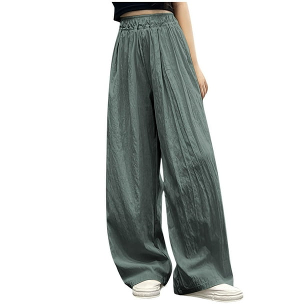 Odeerbi 5-16 Años Niñas Verano Hielo Seda Pantalones de Pierna Ancha Casual Color Sólido Pantalones de Cintura Alta Suelta
