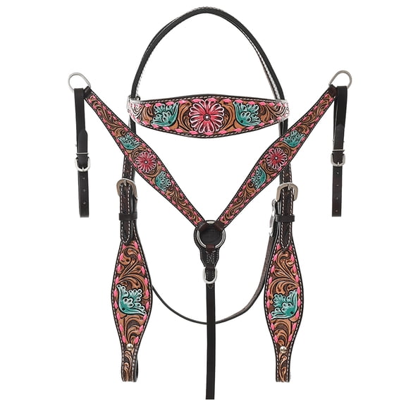 HILASON Western Horse Headstall & Breast Collar American Leather Floral Carving Dark Brown