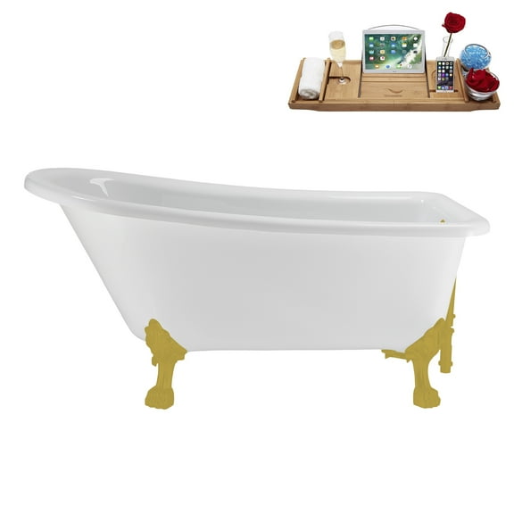 58" Streamline N4860BGL-BGL Soaking Clawfoot Tub and Tray With External Drain in Brushed Gold and Brushed Gold Clawfeet