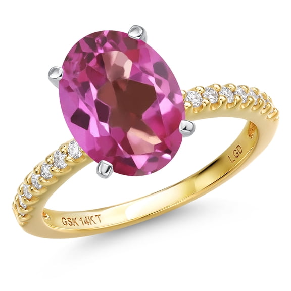 Gem Stone King 14K Two Tone Gold Pink Mystic Topaz and Lab Grown Diamond Engagement Ring for Women | 4.66 Cttw | Oval 11X9MM | Gemstone November Birthstone | Size 5
