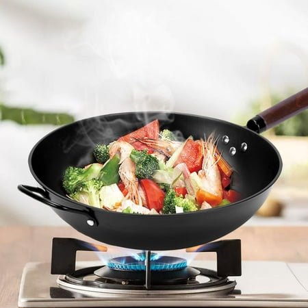 

Iron Stir Fry Pan with Lids Long Handle Skillet Cookware Cooking Wok Nonstick Non Coating Frying Pan for Omelets Toast Pancakes Cake Cheese 32cm round