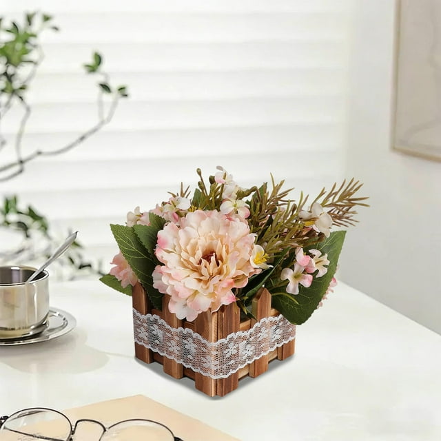 Plantas de plástico en macetas, flores simuladas, plantas en macetas, decoración del hogar, decoraciones de flores simuladas, cercas de madera, peonías simuladas, plantas en macetas, decoraciones de f