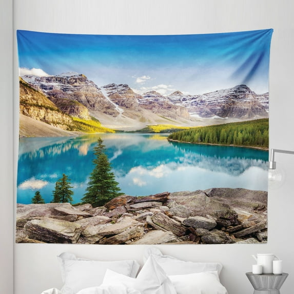 Landscape Tapestry, Idyllic View of Moraine Lake at Sunset in Canadian Rocky Mountain Range Picture, Fabric Wall Hanging Decor for Bedroom Living Room Dorm, 5 Sizes, Multicolor, by Ambesonne