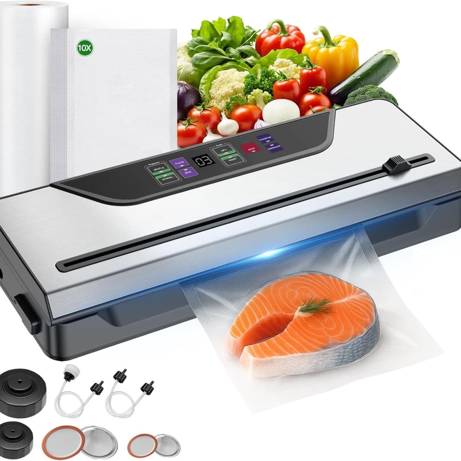 Vacuum Sealer for Food,10-in-1 Food Fresh Saver Vacuum Sealer Machine V30 with Mason Jar Kit,Built-in Cutter,Digital Timer,Dry&Moist Modes,Include Bags&Hoses,Gift for Mom Wife Grandparents Chef
