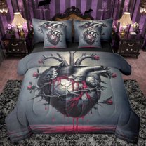 Homewish 3D Heart Print 7 Pieces Bedding Comforter Set,Spooky Valentines Day Full Bedding Set,Black Red Fitted Sheet Flat Sheet For Men Women,Ultra Soft Home Decor Reversible