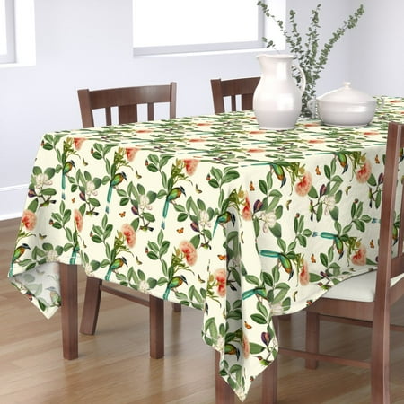 

Cotton Sateen Tablecloth 70 x 108 - Cream Exotic Birds Hummingbird Flowers Tropical Floral Print Custom Table Linens by Spoonflower
