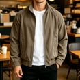 thumbnail image 2 of Corduroy Men's Bomber Jacket Ribbed Textured Stand Collar Zip Up Jacket Loose Casual Outer Coat With Pockets Elastic Cuffs Hoodless Outwear For Fall Winter, 2 of 8