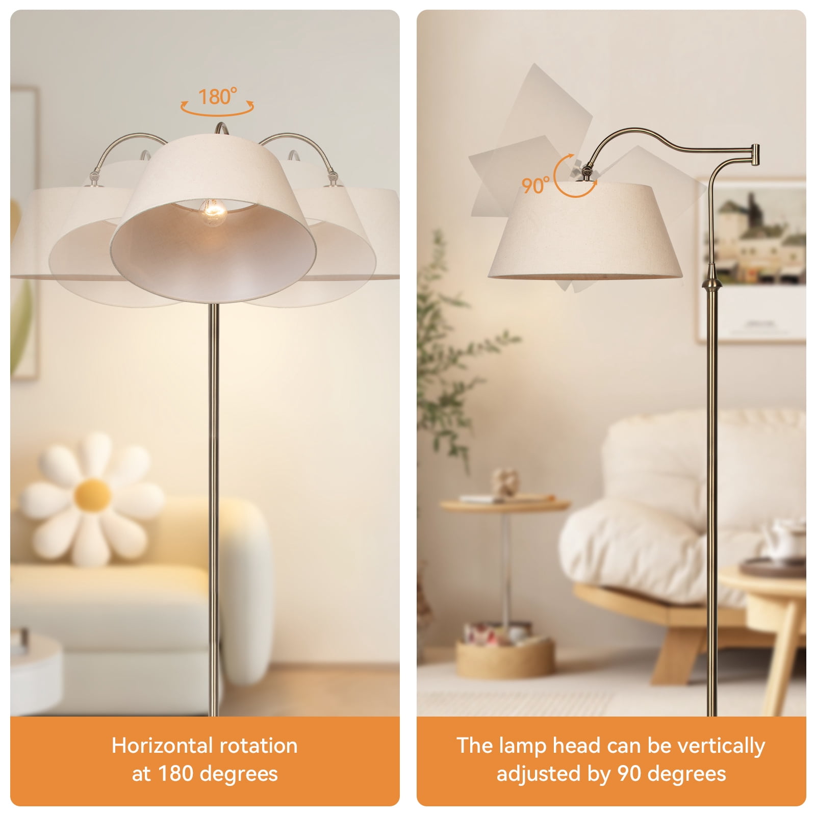 HonoDing Cantilever Floor Lamp, Standing Chandelier Floor Lamp with 180° Adjustable Swing Arm, Modern Floor Lamps with Linen Shade,Classic Lamp for Living Room Office Bedroom Reading(Bronze)