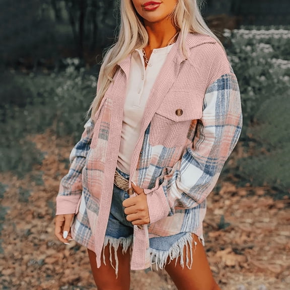 ZEHJUHAN Women's Plaid Lapel Shirt-Jacket - Long Sleeve Button-Front Overshirt with Notch Collar & Pocket Pink，S