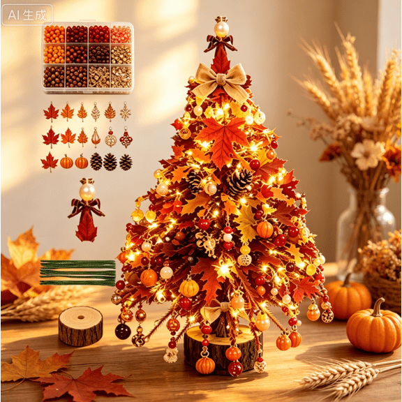 Bisitoy Halloween DIY Beaded Mini Tree Kit, Complete Set with Beads Charms Wire Base & LED Lights, Spooky Tabletop Christmas Tree for Halloween Party Home Decor