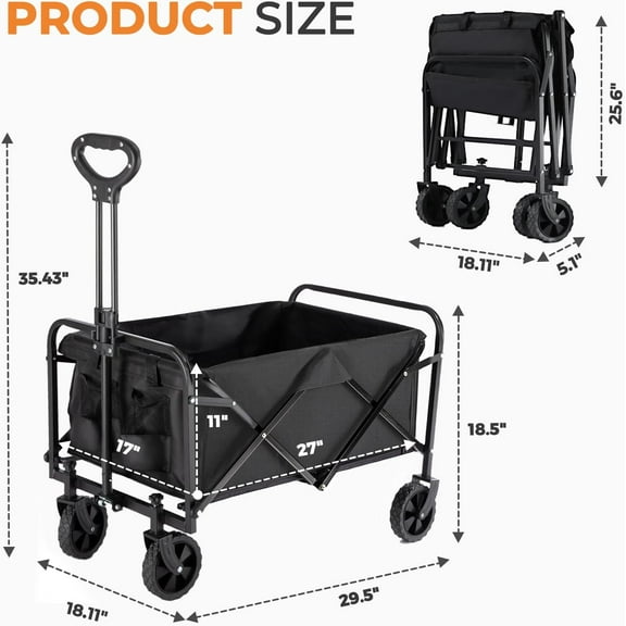 Collapsible Wagon 220 lbs, Heavy Duty Foldable Cart with All-Terrain Wheels, Portable for Groceries, Beach, Camping