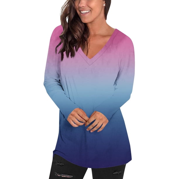 Camisetas de Manga Larga de las Mujeres Impresión de la Moda Casual V-Cuello Suelto Ajuste, Poliéster para Todas las Estaciones Diario Y Fiesta