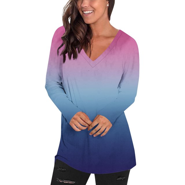 Camisetas de Manga Larga de las Mujeres Impresión de la Moda Casual V-Cuello Suelto Ajuste, Poliéster para Todas las Estaciones Diario Y Fiesta