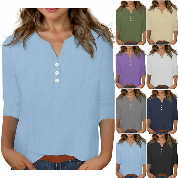 Mwjwdo Girls Linen Shirts 3/4 Length Sleeve Linen Button Down V Neck Blouse Children's Summer Fall Boho Shirts Travel Vacation Tops Beige 140