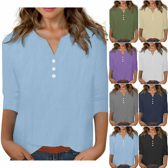 Ashirexll Shirts for Girls, Summer Tops, Girls V-Neck 3/4 Sleeve Button Blouse in Linen Style Solid Color for Teen Casual Wear