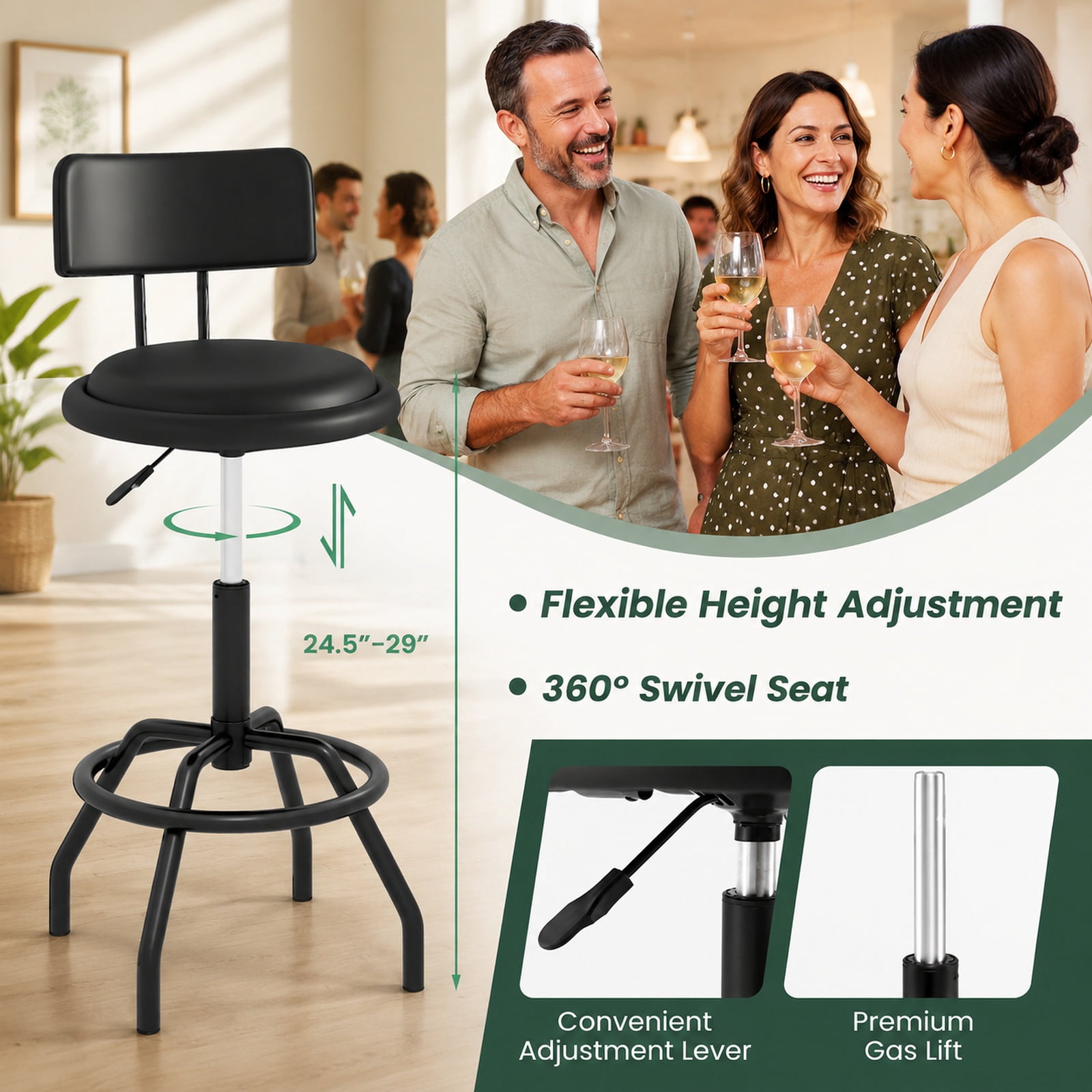 Furnibear 360 Swivel Counter Height Barstool with Padded Seat Backrest and Footrest