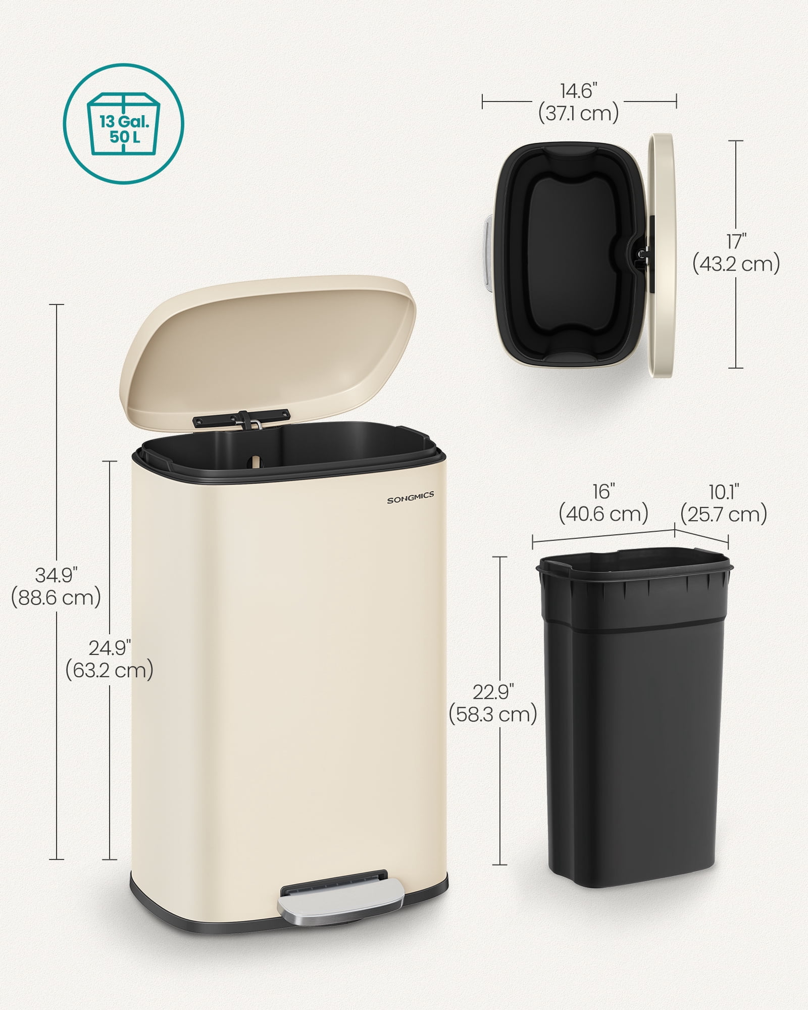 13 Gallon Stainless Steel Trash Can with Soft Close Lid, Step Pedal & Removable Bucket for Kitchen, Recycling or Waste, Sand Beige