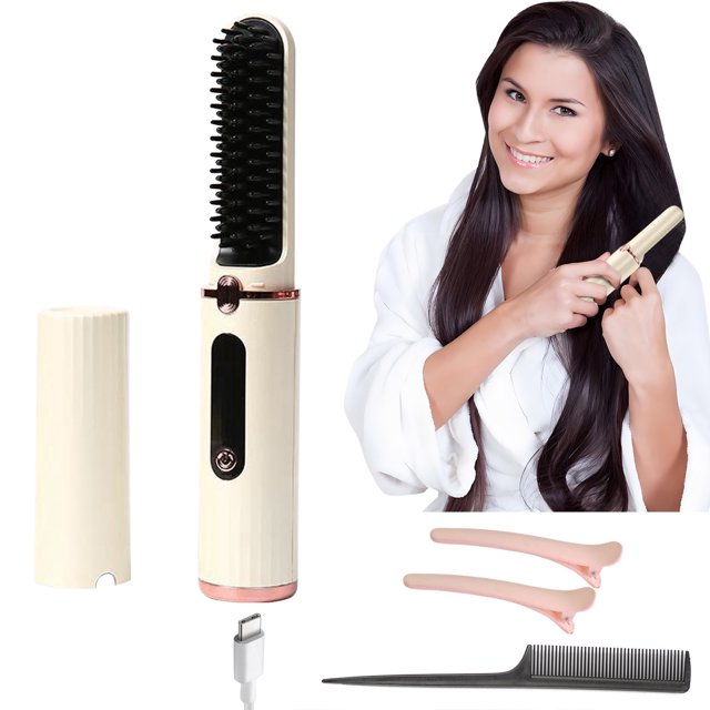 Puntoco Cepillo alisador inalámbrico, mini cepillo alisador de pelo, cepillo alisador de pelo portátil de iones negativos, cepillo para peinar, peine alisador de barba, recargable por USB
