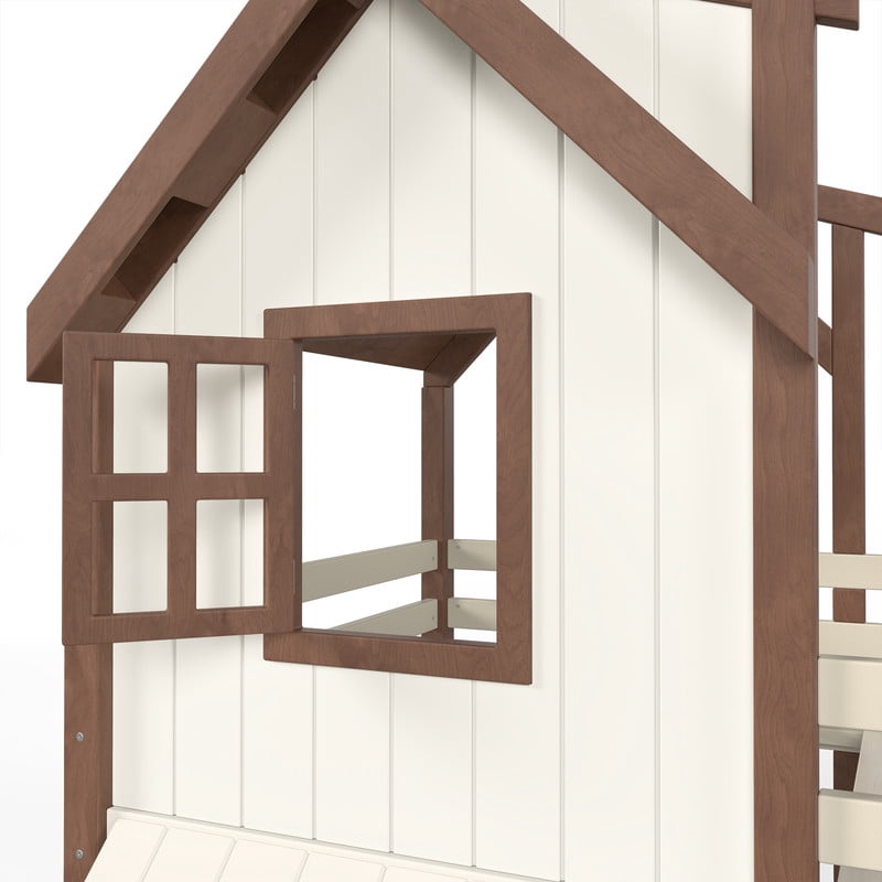 Twin-Over-Twin Kids House Bed Frame with Storage Stairs & Bottom Floor Bed, Playhouse Bunk Bed with Roof & Window