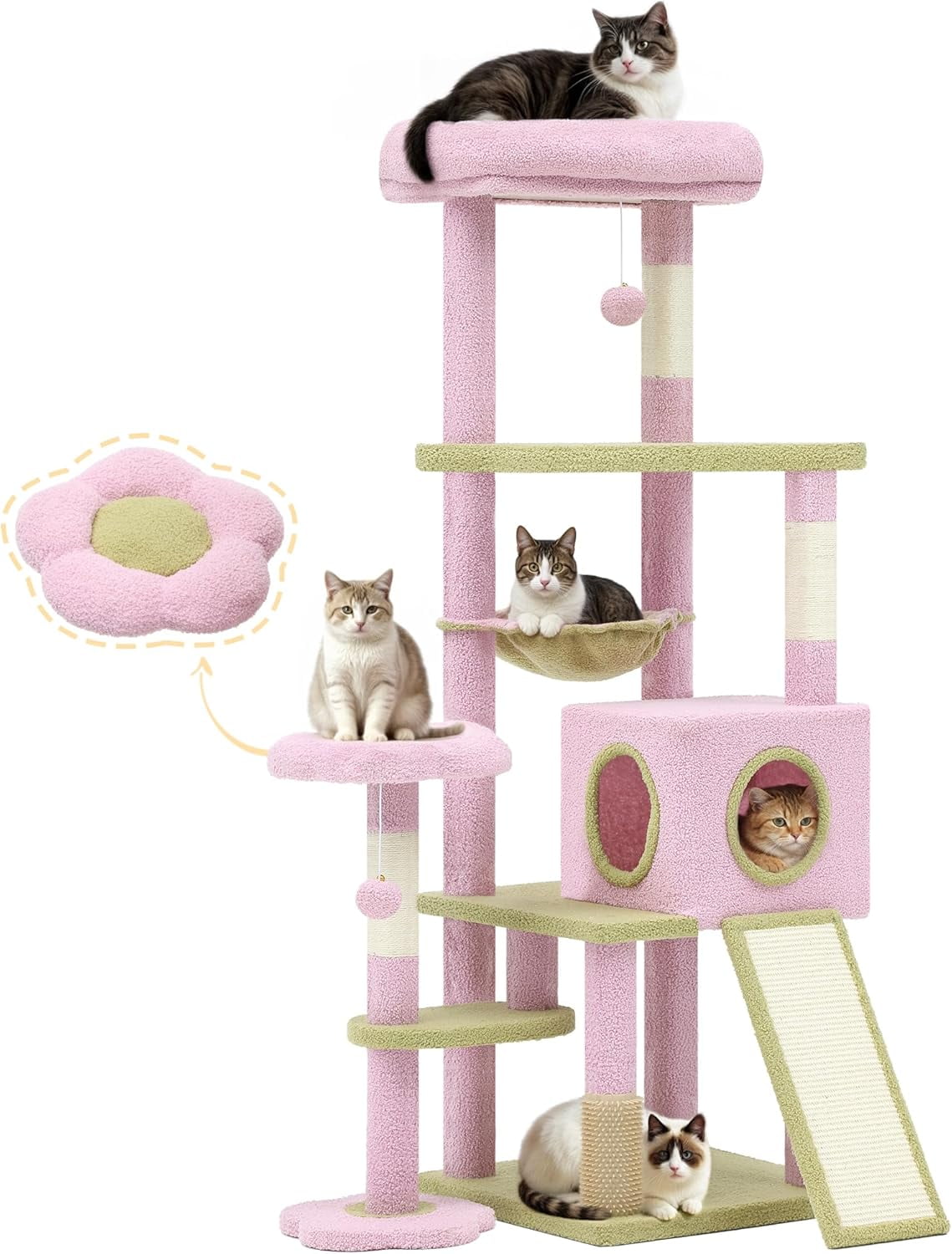 61" Tall Flower Cat Tree for Large Cats with Self-Grooming Brush, Climbing Tower for Indoor Kittens with Cat Condo, Top Perch, Basket, Sisal Scratching Posts and Dangling Ball