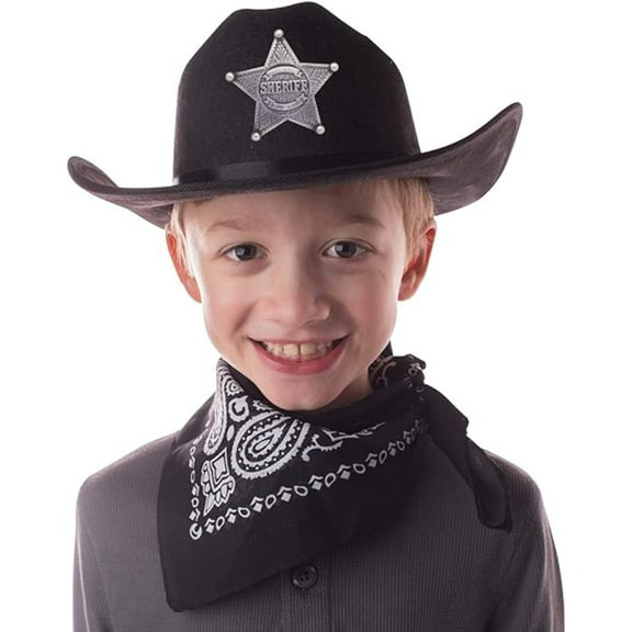 Jr Black Cowboy Hat with Bandana and Attached Badge Kids Child Hat