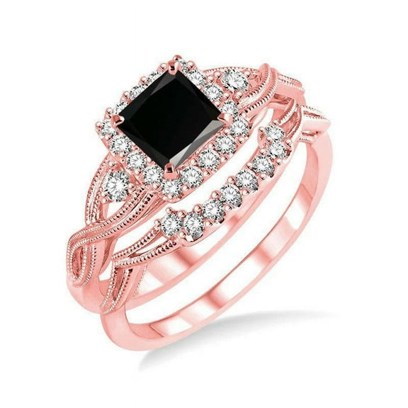 1.25 Carat Antique Design Princess cut Bridal Ring Set in 14k Rose Gold affordable sapphire and diamond engagement ring