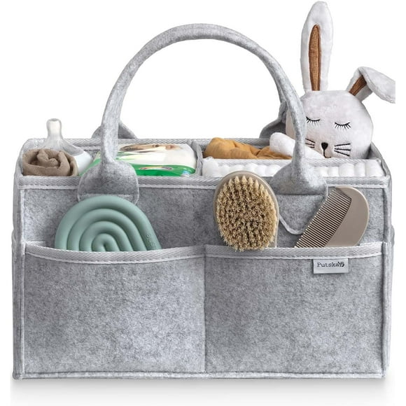 PUTSKA Organisateur de Porte-Couches pour Bébé - Panier de Rangement pour la Chambre de Bébé pour Station à Couches, Liste de Shower de Bébé et Cadeau de Registre Indispensables, Essentiels pour Nouveau-Né, Déco de Chambre de Bébé pour Garçon Ou Fille - Gris, Régulier