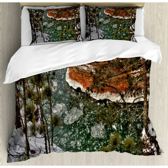 Wisconsin Duvet Cover Set King Size, Apostle Islands Woods National Lake Superior Shore Tourist Destination in Winter, Decorative 3 Piece Bedding Set with 2 Pillow Shams, Multicolor, by Ambesonne