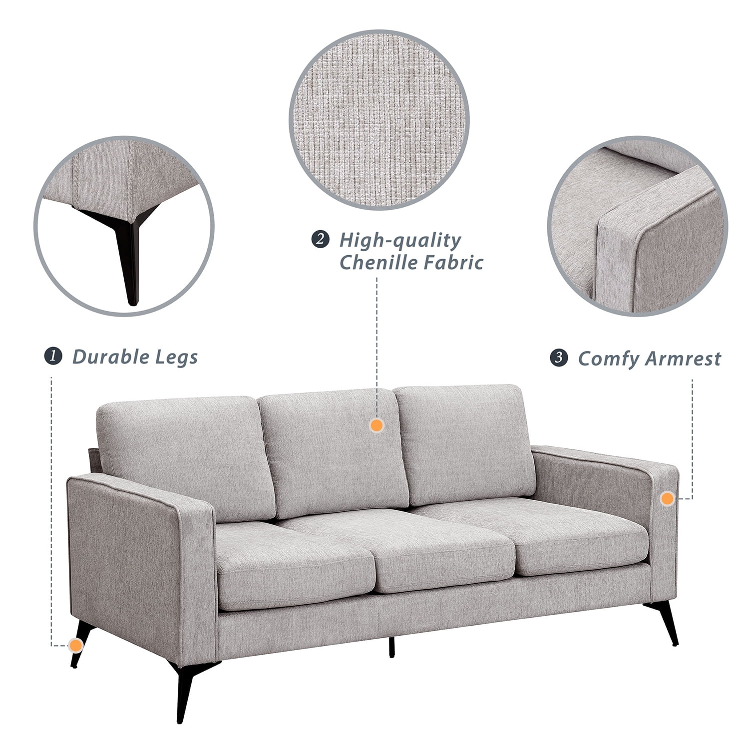Kadyn Modern 3-Piece Sofa Sets, Upholstered 3-Seat Sofa with Sturdy Metal Legs, Loveseat and Single Chair for Living Room Furniture Set, Beige