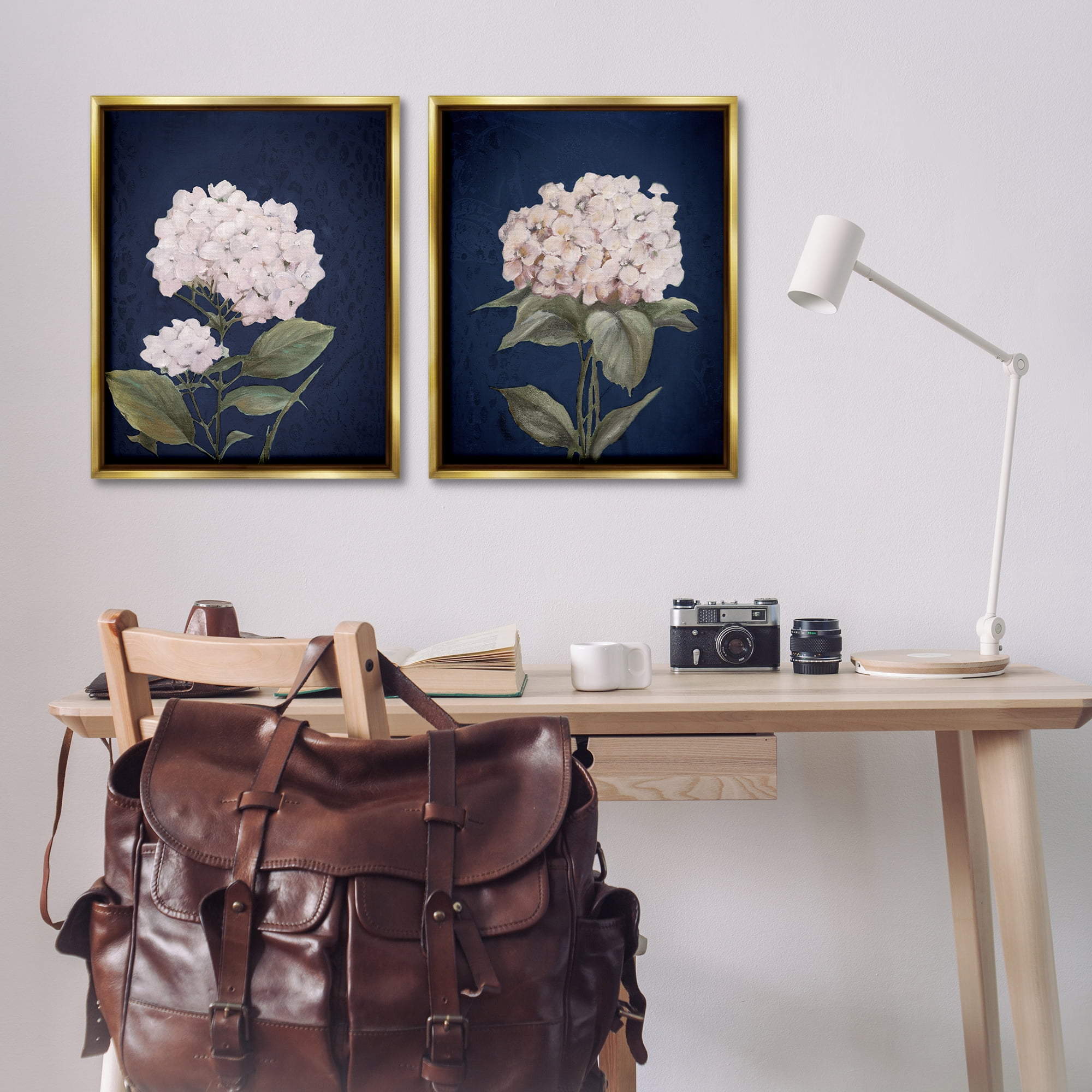 Stupell Industries Hydrangea Flower on Blue Plants & Flowers Painting Gold Floater Framed Canvas Art Print Wall Art, 31 x 25, Set of 2