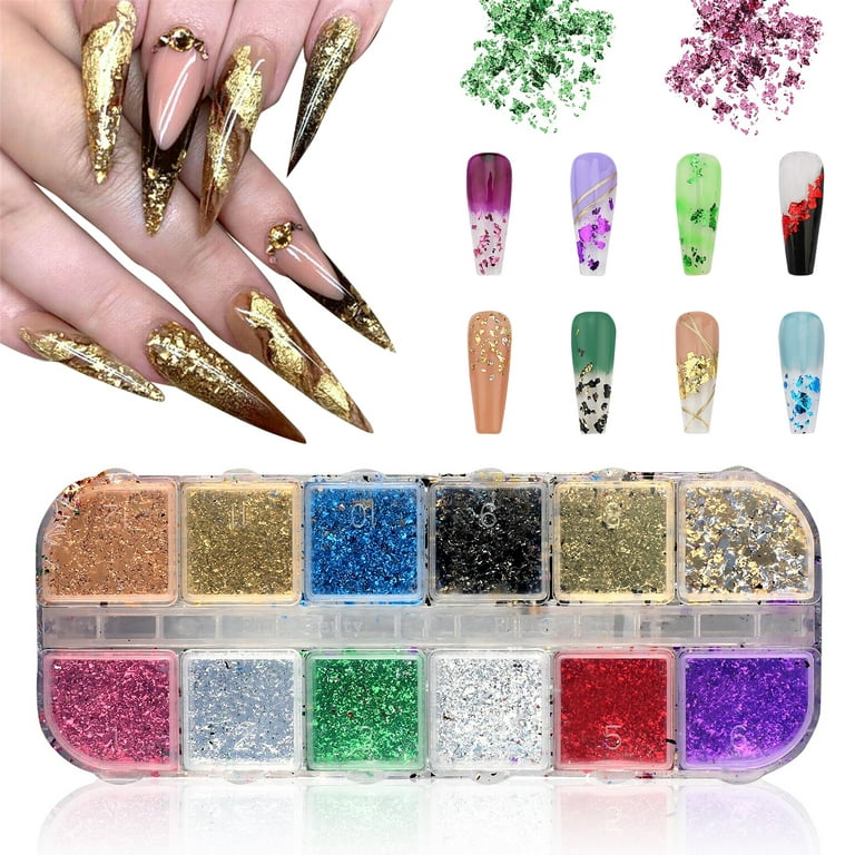 Holographic Nail Foil Glitters Kit 6 Boxes 3D Nails Glitter Metallic  Shining Flakes Gold Silver Aluminum Foil Glitter Powders Dust Sequins for  Acrylic