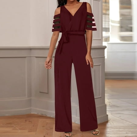 

Yuwegr Jumpsuits For Women Dressy Stretchy Loose Summer Casual Solid Jumpsuit V-neck Zipper Rompers Cold Shoulder Bodysuit Wine XL