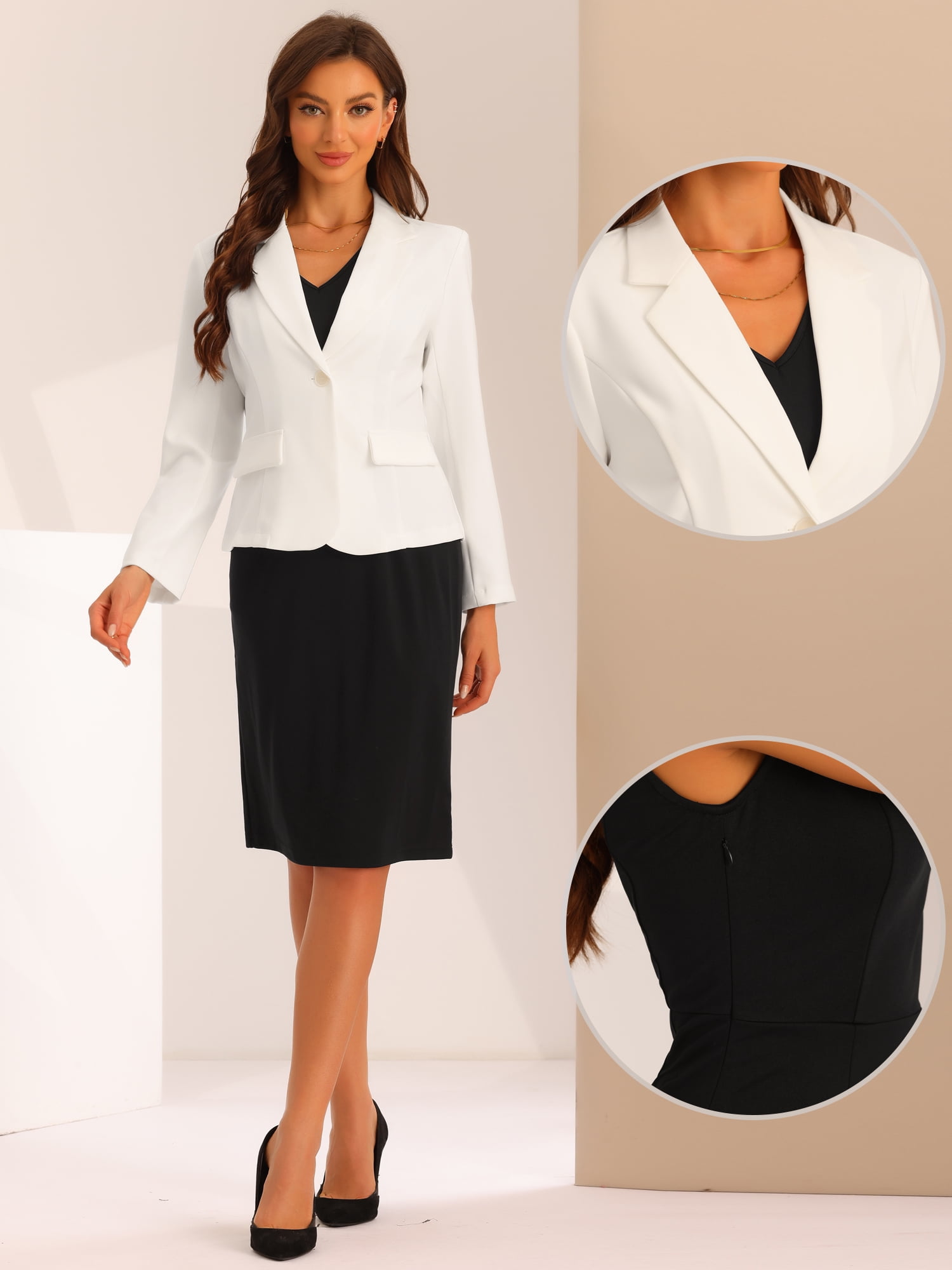 Unique Bargains Women's Business 2pc Outfit V Neck Solid Dress Suit Sets Blazer Dresses M White