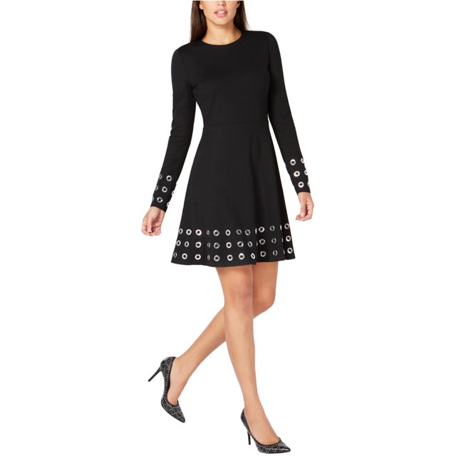 Michael Kors Vestido ajustado y acampanado con ojales para mujer, negro, extragrande Michael Kors Entallado y acampanado