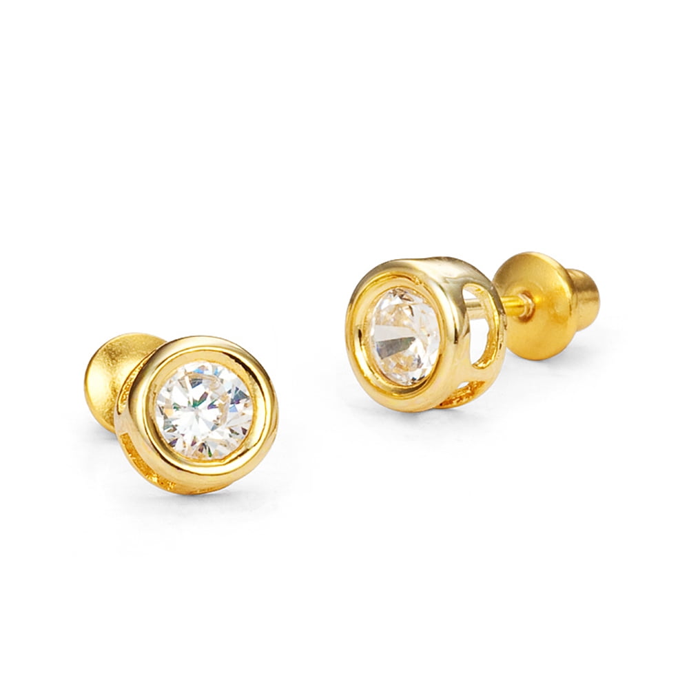 14k Gold Plated Brass 5mm Round Bezel Cubic Zirconia Screwback Baby Girls Earrings