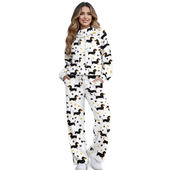 Renewold Womens Sweatsuits 2 Piece Set Drawstring Sweatshirts and Joggers Pants Outfits Comfiest Airport Outfits Track Pants Mockneck Top Lounge Sets for Women, Dachshund Dog Paw Print, XS