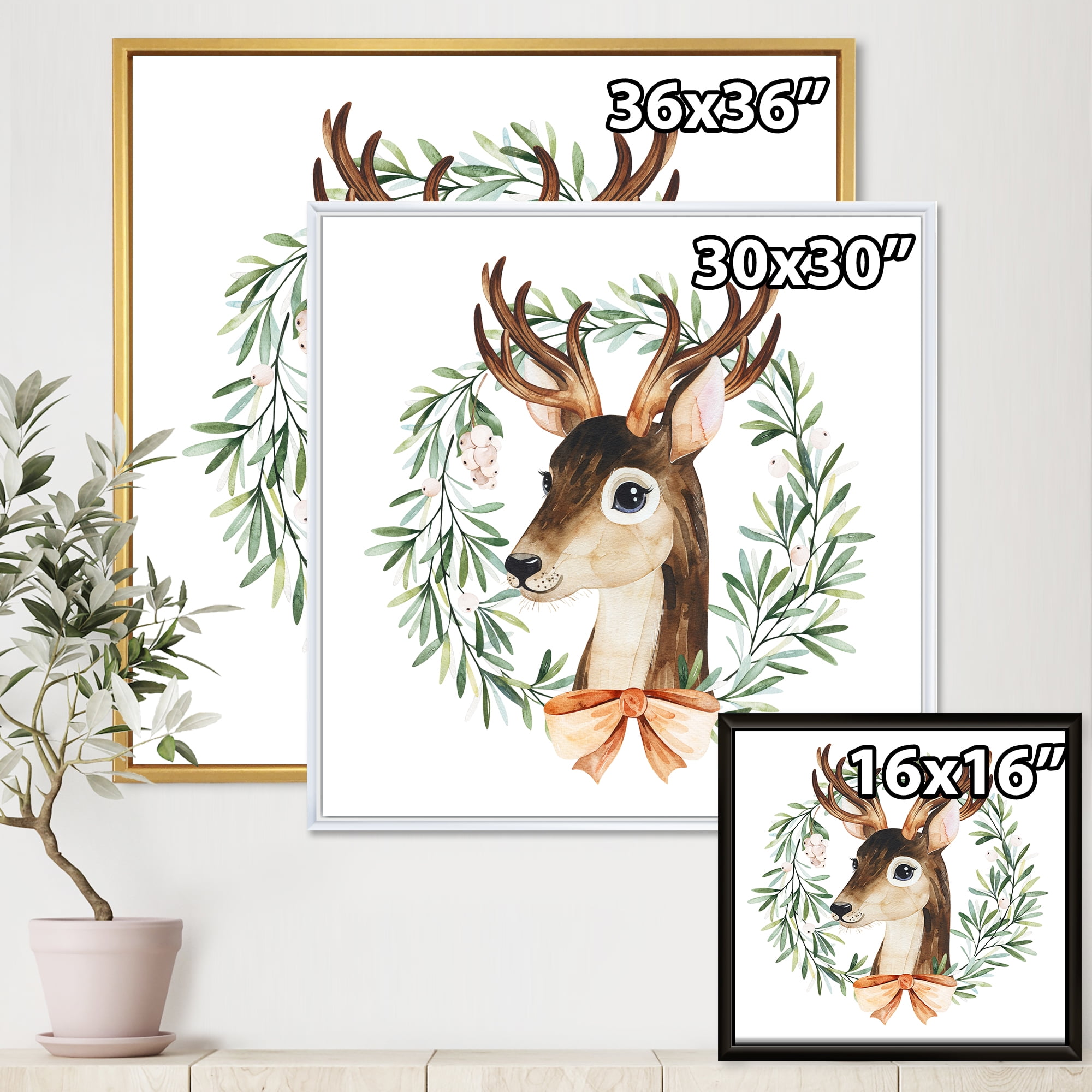 Designart 'Floral Wreath Isolated On White Over Deer' Farmhouse Framed Canvas Wall Art Print