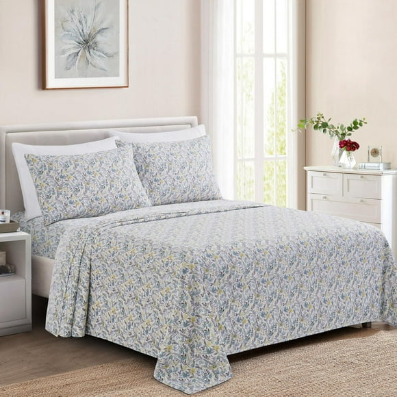 Marina Decoration Ultra Soft Silky Deep Pocket Rich Printed Bedding Rayon from Bamboo All Season Sheet Set with Pillowcases, Teal Yellow Floral Pattern