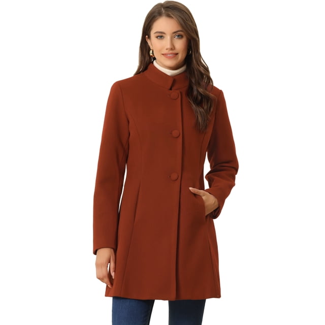 Abrigo de Invierno Elegante Allegra K Largo de Un Solo Pecho Cuello Alto Marrón Rojo XL