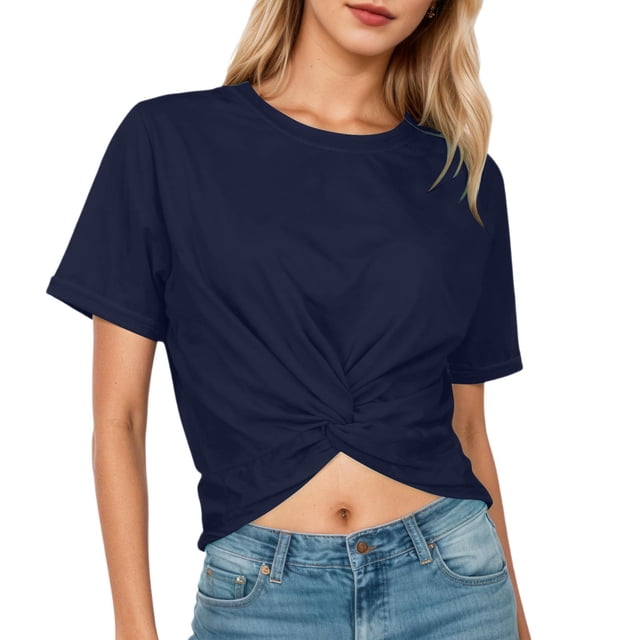 Rhuody Summer Tops For Womens Spring Short Sleeve Tee Solid Color Blouse Round Neck Cropped T Shirt Retro Wear Navy S