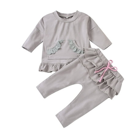 

Honeeladyy Winter Toddler Kids Baby Girls Lace Pocket Solid Bowknot Tops Ruffles Pants Outfits Set Gray Sales Online